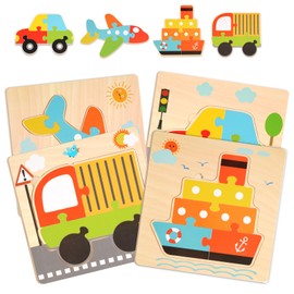 Wooden Puzzle Children, Set of 4 Wooden Puzzles from 2 Years, Plug-In Puzzle Montessori Toy, Puzzle Learning Toy, Vehicle Wooden Puzzle Gifts for 2 Years, Educational Toy Educational Gift for Children