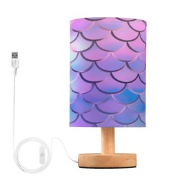 YETTASBIN Mermaid Scale Bedside Table Lamp, Small LED Desk Light USB Nightstand Lamp with Non Slip Wood Base & Eye-Friendily Lampshade for Living Room Bedroom Dorm Home Office Desk Decor