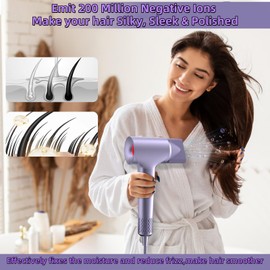 Hair Dryer, 110000 RPM High-Speed Brushless Motor Fast Drying Blow Dryer, 57dB Low Noise Hair Dryer for Home or Travel, 3 Temps & 2 Speeds (Purple)