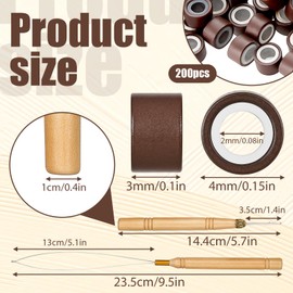 200 PCS Hair Extensions Beads 4mm Silicone Lined Micro Links Beads with Pulling Hook Needle, Hair Extensions Tool Kit Bead Device Tool Kits for Tinsel and Feather Hair Extensions (Dark Brown)
