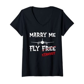 Womens Marry Me Fly Free Standby Airlines Airplane Stewardess V-Neck T-Shirt