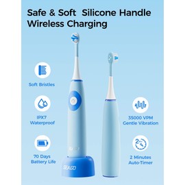 SEAGO Kids Electric Toothbrushes for Ages 5-8 with 2 Sizes Soft Brush Heads, Soft Silicone Handle, 2-Min Timer, IPX7 Waterproof, 35000VPM, Rechargeable 70 Day Battery Life with Charging Base (Blue)