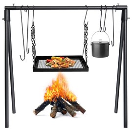 HONYTA Campfire Swing Cooking Grill Stand, Collapsible Campfire Cooking Rack with Adjustable Iron Grill Grate and Hooks for Outdoor BBQ Picnic Cookware Party Dutch Oven