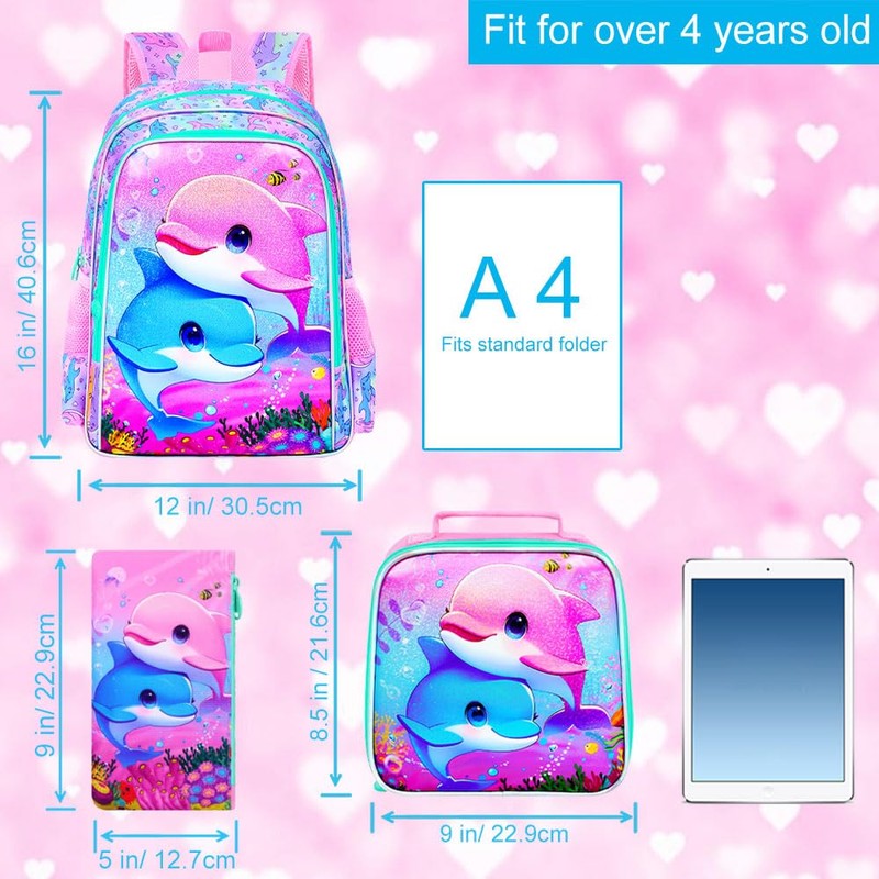 UFNDC 3PCS Dolphin Bookbag for Girls, 16" Kids Backpack with