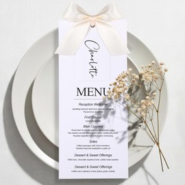 Humyoun 50 Sets 76lb Wedding Menu Cards 4 x 9'' and Name Place Cards with Ribbon for Table Setting DIY White Blank Cardstock for Wedding Dinner Banquet Party Table Setting Supplies
