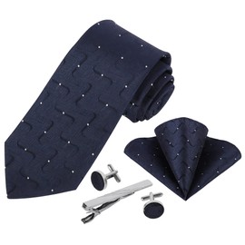 Beaface Men Ties Set, Navy Tie and Pocket Square Cufflinks Tie Clip 5 PCS Set, Mens Necktie for Wedding Business Formal (Navy White Dot)