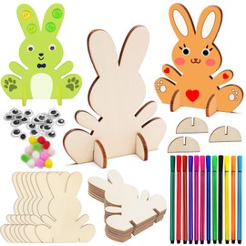 Hpbaggy 10 x Wooden Rabbits for Painting, DIY Easter Bunny Decoration, Wooden Easter Bunny Decoration, Easter Wooden Rabbit with Colourful Mini Pompoms and Googly Eyes, Easter Bunny Children's Craft