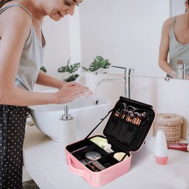 Travel Makeup Case Storage Make Up Tools Cosmetic Bags Black Waterproof Organizer with Compartments Detachable for Hairdressing Nail Art Accessories Pink