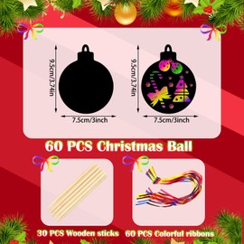 Yinder 60 Pcs Rainbow Color Scratch Christmas Ornaments Christmas Scratch Paper Christmas Round Ornaments with 30 Drawing Sticks and 60 Ribbons for Christmas Tree Decoration Party Favors Gifts