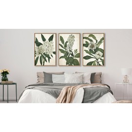 Large Framed Canvas Wall Art - Natural Float Framed White Flowers Green Leaves Pictures Decor Simple Botanical Plants Artwork for Living Room Bedroom Kitchen Home Office Decoration 60" X 28" Set of 3