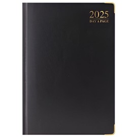 Orbitron 2025 A4 A5 A6 Day A Page Padded Hardback Desk Diary with Metal Corners (A6, Black)