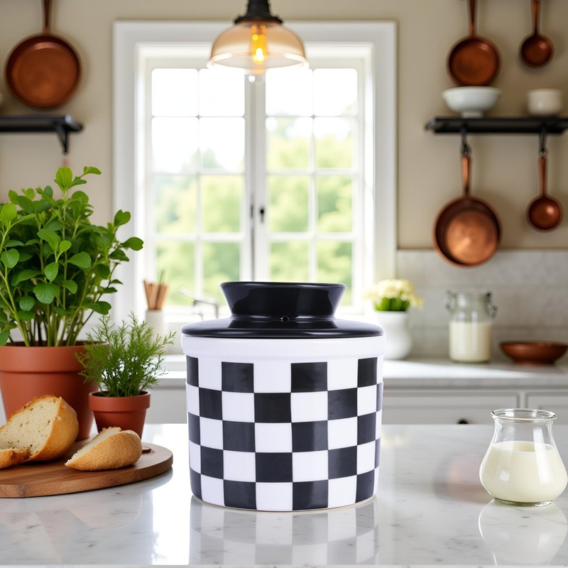 Checkered Butter Crock with Lid,Ceramic Butter Keeper for Countertop, Black