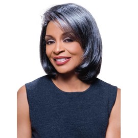 Jamie Wig Color 34 Dark Brown with Gray - Foxy Silver Wigs Med Length Bob Synthetic Sweeping Side Fringe African American Lightweight Average Cap Bundle MaxWigs Hairloss Booklet
