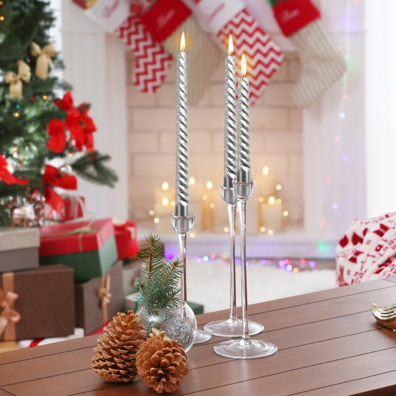 10 Inch Silver Spiral Taper Candles Set for Holiday Decor,
