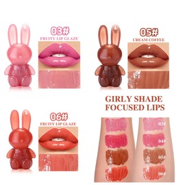 Pakivs 3Pcs Cute Rabbit Hydrating Lip Gloss Set,Cute Bunny Lip Glaze, Moisturising Jelly Liquid Lipsticks Lip Stain,Waterproof Non-Stick Cup Long Lasting Cute Makeup