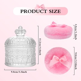 2 Pieces Large Body Powder Puff & Premium Clear Glass Container Set - Thick Velour Face/Body Applicator, Decorative Vanity Storage, Washable for Loose Talcum Powder