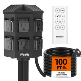 Outdoor Power Strip with 100FT Extension Cord, 100FT Remote Control, Dusk to Dawn Light Timer Waterproof, 6 Grounded Outlets for Yard, Pool and Garden, ETL Listed
