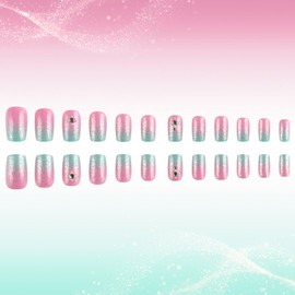 GCSQW Square Press on Nails Pink Green Gradient Fake Nails with Rhinestone Designs Glitter False Nails Summer Glossy Acrylic Nails Medium Artificial Nails Glue on Nails for Women 24Pcs
