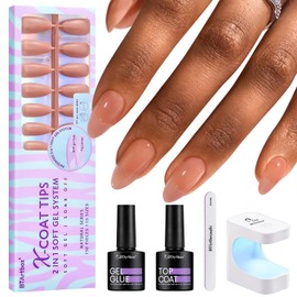 BTArtbox Almond Nail Tips - Brown Soft Gel Nail Kit with 150 pcs Medium Fake Nails, Gel Nail Glue, Top Coat, Nail Lamp, Pre-colored Press on Nails for Nail Art | BTArtbox