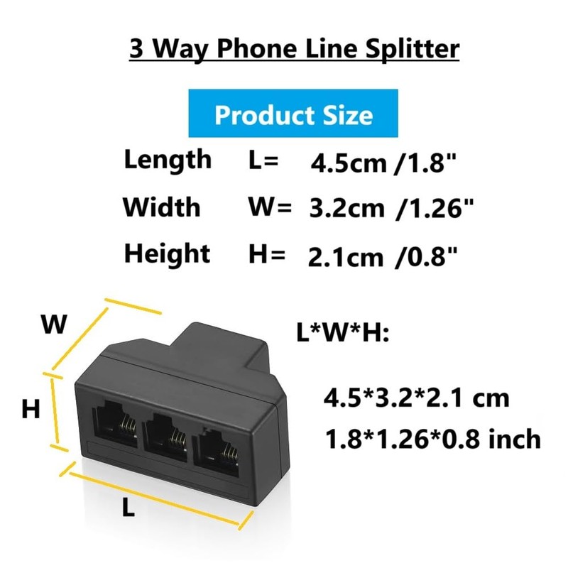 Menewstart RJ11 Cable 3 Way Telephone Splitter 3 Pack, Black,