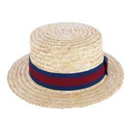 CTM Straw 2 Inch Brim Boater Hat with Navy Band and Elastic Sweatband, XLarge, Natural