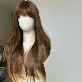 WigsA Cosplay Wig With Bangs Brown Synthetic Hair Heat Resistant Long Straight