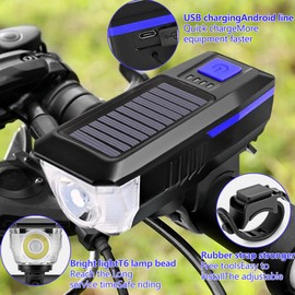 Bike Horn Headlight Solar/USB Dual Charging Bike Horn Light High Brightness Bike Headlight Waterproof Bike Horn Light Ideal for Mountain and Road Night Riding Essential Gear for Night Cycling (Blue)