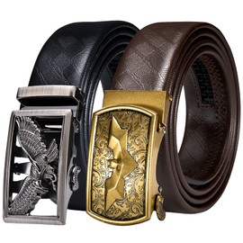 Barry.Wang Ratchet Leather Belt 2 Pack Buckle Gift Set Mens Brown Belts Bat Eagle Gold Silver Slide Automatic Wedding Business