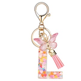 Nodigao Keyring with Loops for Girls Women with Tassels Pink Butterfly Letter Key Bag Charm, l