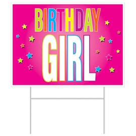 Beistle Plastic Birthday Girl Yard Sign Vibrant Pink Outdoor Celebration Lawn Decoration with Metal H-Stake All-Weather Corrugated Plastic B-Day Party Display, 11.5” x 15.5”