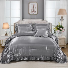 Silk Like Satin Comforter Set 8 Pieces Queen Comforter with Sheets Grey Satin Bed Set Luxury Bedding Bed in a Bag 1 Comforter 4 Pillowcasas 1 Flat Sheet 1 Fitted Sheet 1 Cushion Cover
