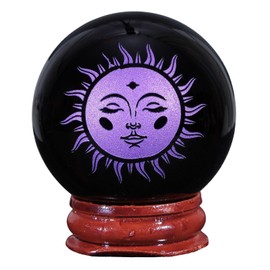KYEYGWO Obsidian Crystal Ball Decoration with Carved Sun God Pattern, Round Stone Ball Figure with Wooden Stand, Healing Stone Sphere Ornament Gemstone Fortune Telling Ball, Purple