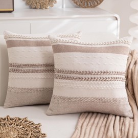 Hompooll 18x18 Boho Throw Pillow Covers, Decorative Farmhouse Couch Pillow Cover Set Of 2 Neutral Coastal Stripe Pillow Cover For Living Room Sofa Bedroom Home Decor, Textured Cushion Pillowcase Khaki