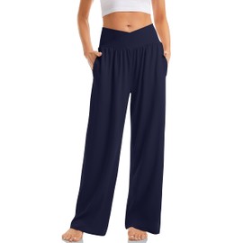 TARSE Womens Plus Size Pants Elastic Waist Yoga Pants Comfy Lounge Pajama Flowy Pants Pockets Sweatpants(Navy,3XL XXXL)