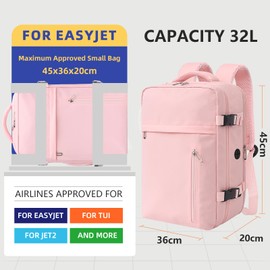 KIRFEIHT Cabin Bags 45x20x36 for Easyjet Underseat Carry-Ons Travel Backpack - Hand Luggage Backpack Cabin Bag Size 32L - Travel School Bag with USB Port - Pink