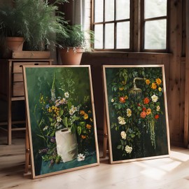 Vintage Floral Bath Wall Art Dark Green Botanical Flowers Canvas Painting Colorful Flower Pictures Vintage Wildflowers Print Botanical Print Artwork for Bathroom Toilet Decor 12"x16" Set of 2 Unframed