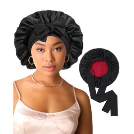 AWAYTR Women Satin Bonnet for Sleeping - Double Layer Silk Hair Bonnet with Elastic Tie Band for Braids Curly Hair(Wind red+Black)