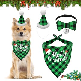 EKKONG Christmas Dog Neckerchief, Christmas Dog Collar with Bell, Christmas Hat, Dog Christmas Costume for Small, Medium Pets (Green Plaid)