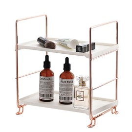 lemonadeus 2-Tier Standing Rack Rose Gold Bathroom Accessories Plastic/Metal Vanity Tray Cosmetic Organizer Standing Counter Shelf (ROSEGOLD)