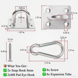 Hammock Hooks Heavy Duty 2 Pack, 1000Lbs Capacity Hammock Hanging Kit, M8 304 Stainless Steel Pad Eye Hanging Hooks for Porch Swing, Chair, Plants, Kids/Pet, Wall/Ceiling Mount, Indoor & Outdoor