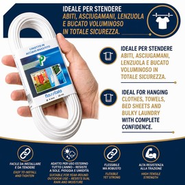 IPEA Cavo Stendibiancheria da Esterno in Acciaio – 20 METRI – Made in Italy – Filo Stendi Biancheria Plastificato da Esterno per Stendere il Bucato, Vestiti, Panni – Bianco – Spessore 3.5 mm