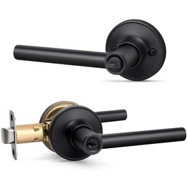LOQRON Round Style Door Handle with Lock and Key, Keyed Entry Reversible Door Lever for Office or Front Door, Matte Black Finish