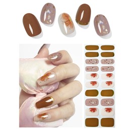 Wahrshei Semi Cured Gel Nail Strips, 20pcs Khaki Flower Gel Nail Stickers Work with UV, Easy to Use and Remove