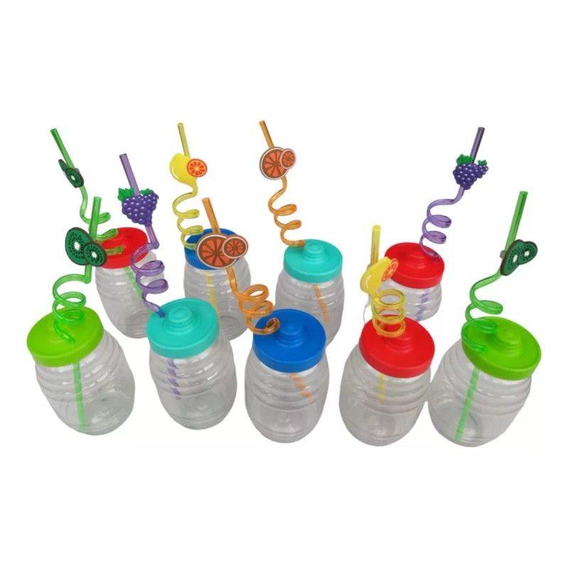 Mini Vitrolero De Plastico De 500ml Con Popote Espiral 12pzs