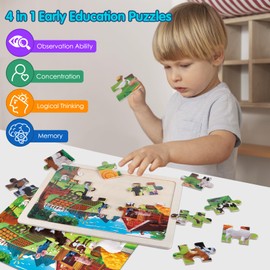 Wooden Dinosaur Animals Sea World Farm Jigsaw Puzzles Toys for Kids 2 3 4 5 6 Year Olds, 4x24 Pcs Jigsaws Puzzle Board for Toddler, Educational Toys Game for 3+ Year Old Easter Gifts for Boys Girls