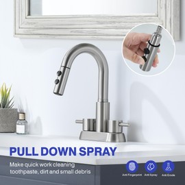 Kablle Bathroom Faucet with Pull Down Sprayer 3 Holes, Brushed Nickel 4 inch 2 Handles Centerset Laundry Bar Basin Pull Out Bathroom Sink Faucet with Pop-Up Drain, KBL-6002BN