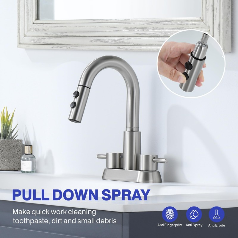 Kablle Bathroom Faucet with Pull Down Sprayer 3 Holes, Brushed
