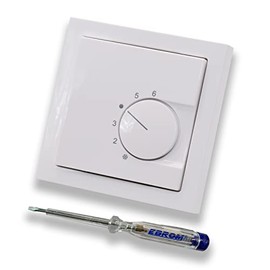 Halmburger UP Room Thermostat Room Temperature Controller RTR-6210sg in Busch Jäger Future Linear Studio White, 1-Way Frame 1721-184K + EBROM Phase Tester for Mounting the Device RTR-6210 (sg)