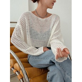 SHENHE Women's Sweater Top Knitted Hollow Out Cropped Sweater Drop Shoulder Long Sleeve Cover Up Pullovers Apricot Large