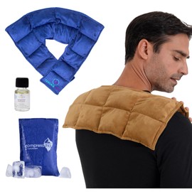 NATURALNESS Pack frio y calor Compresa terapéuticas de Semillas y Plantas Medicinales para Cuello, Hombros + Pack de Gel 10 x 14 cm. Incluye Muestra de 5ml Aceite de Masaje Color Variable